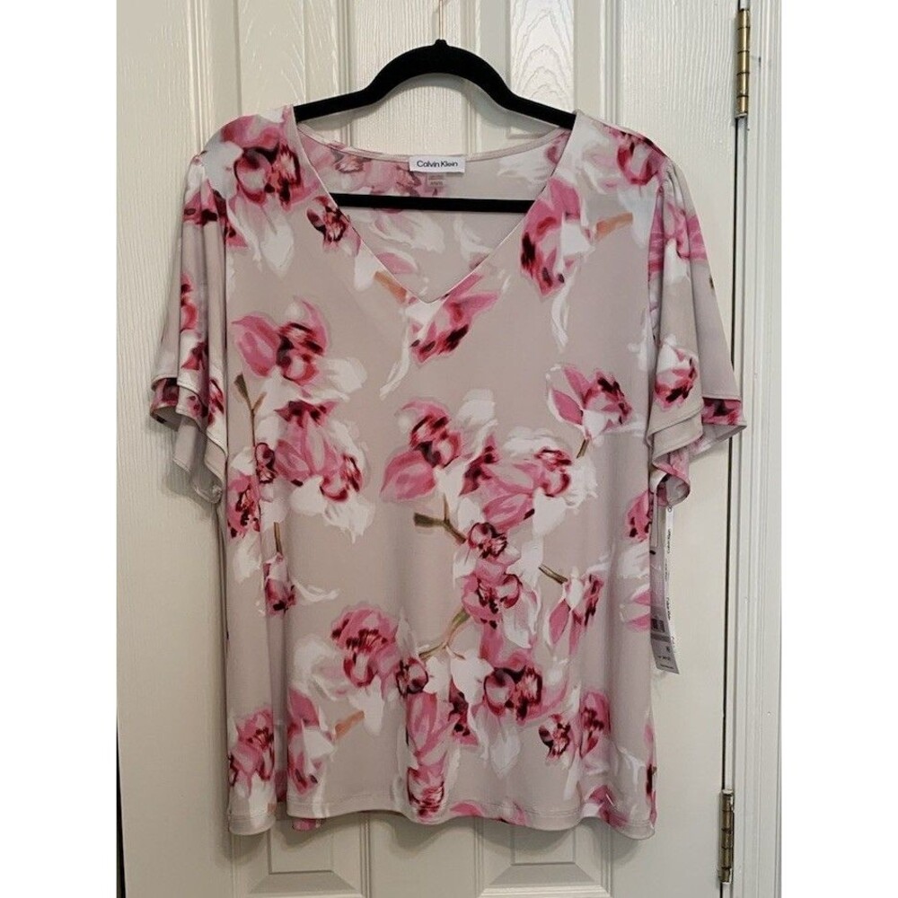 Calvin Klein Womens Plus Size 1X Floral Top Stretch V Neck Blouse Career New